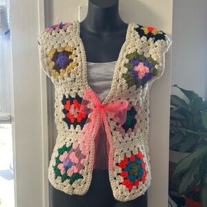 Handmade Crochet Granny Square Vest with Colorful Accents